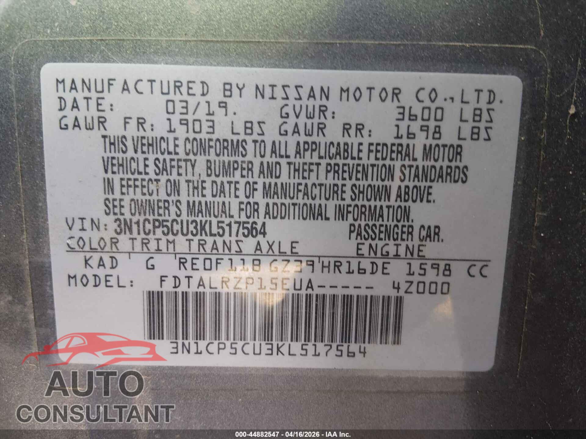 NISSAN KICKS 2019 - 3N1CP5CU3KL517564