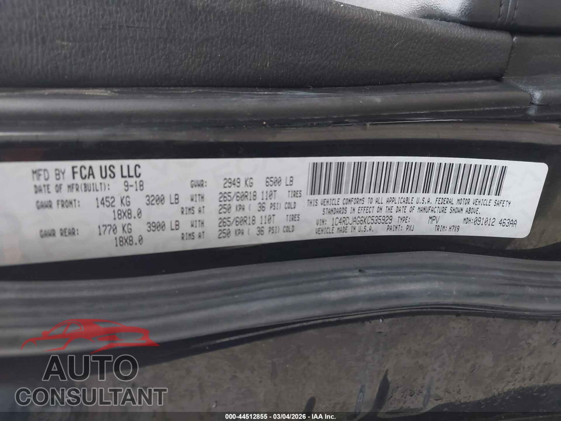 DODGE DURANGO 2019 - 1C4RDJAG6KC535929