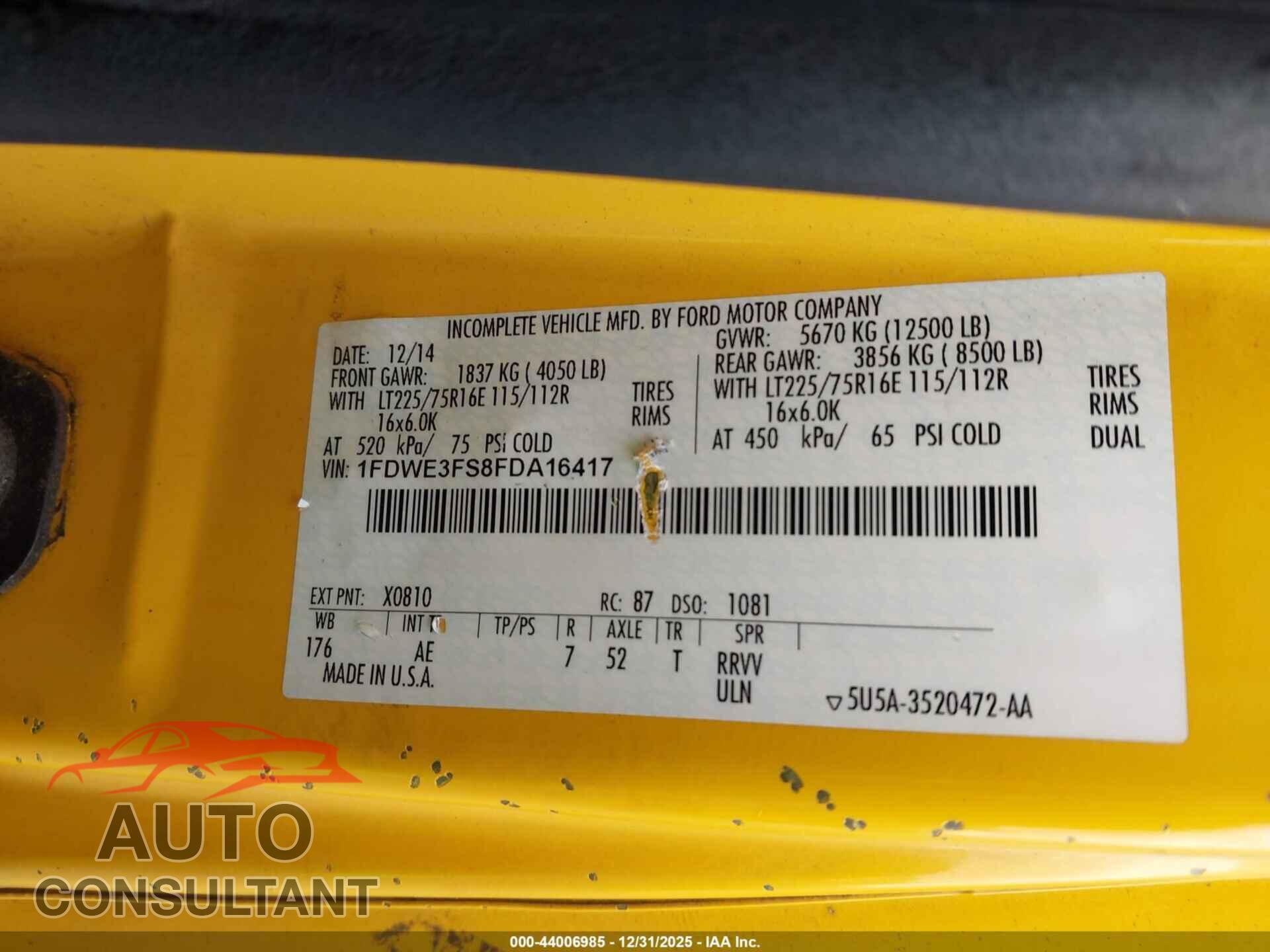 FORD E-350 CUTAWAY 2015 - 1FDWE3FS8FDA16417