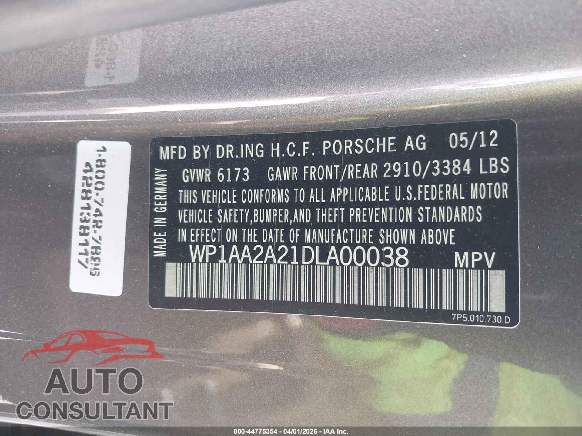 PORSCHE CAYENNE 2013 - WP1AA2A21DLA00038