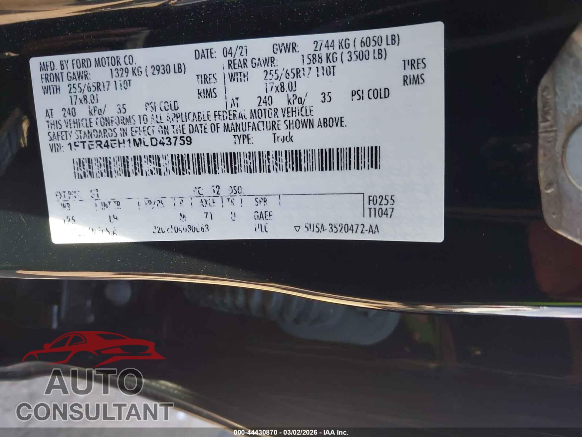 FORD RANGER 2021 - 1FTER4EH1MLD43759