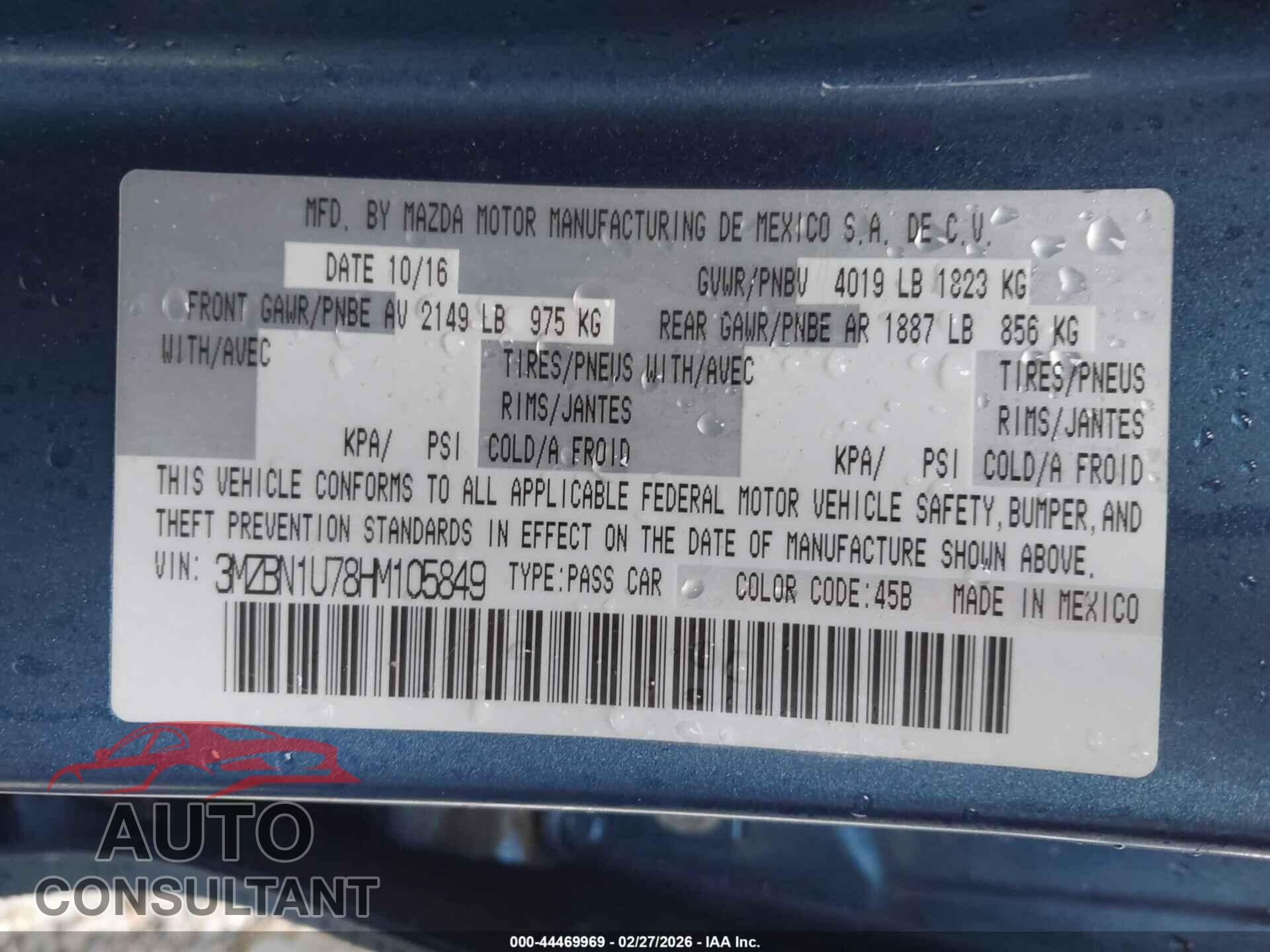 MAZDA MAZDA3 2017 - 3MZBN1U78HM105849