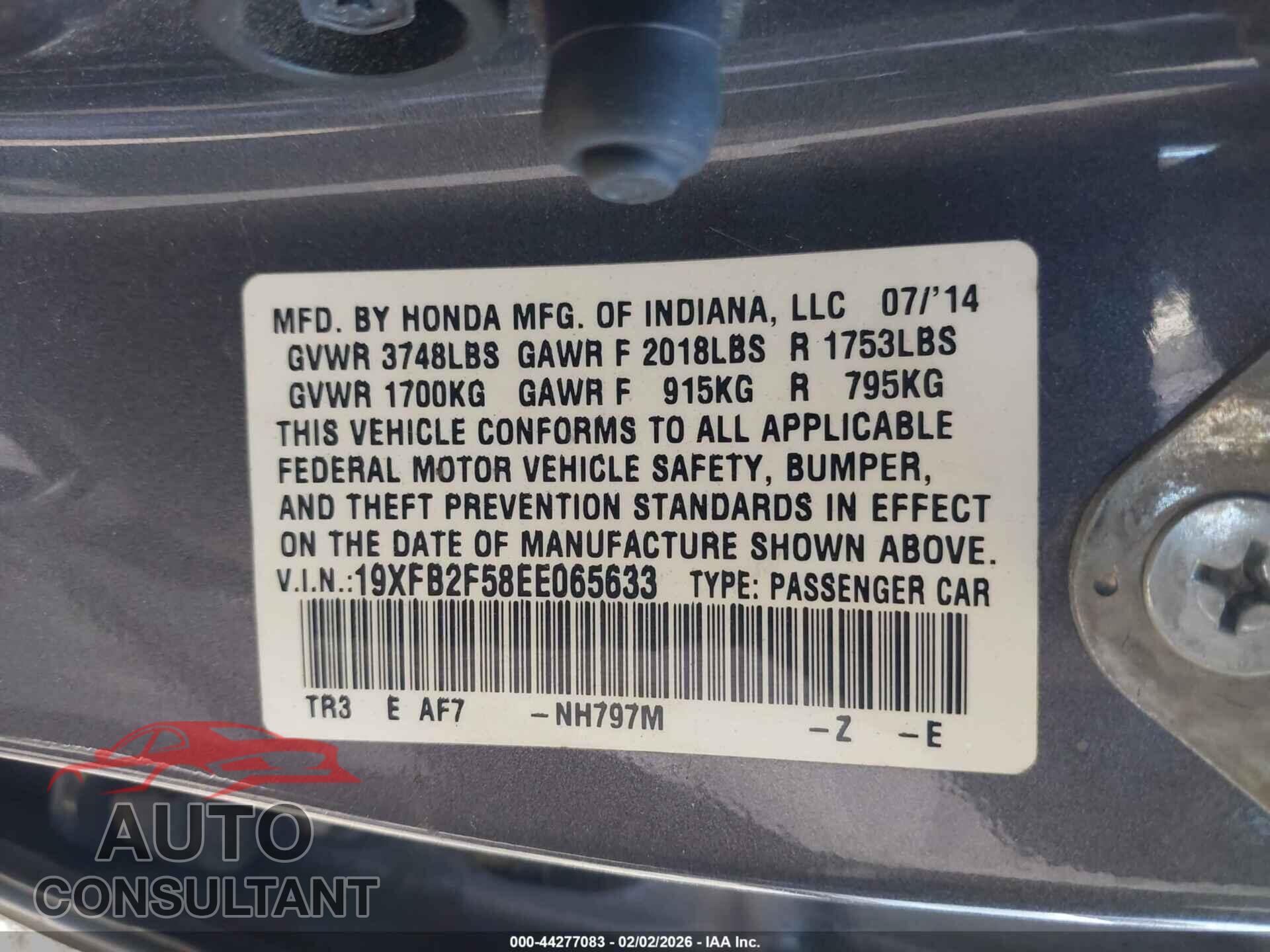 HONDA CIVIC 2014 - 19XFB2F58EE065633