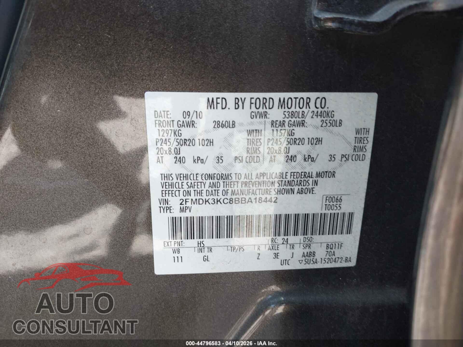 FORD EDGE 2011 - 2FMDK3KC8BBA18442