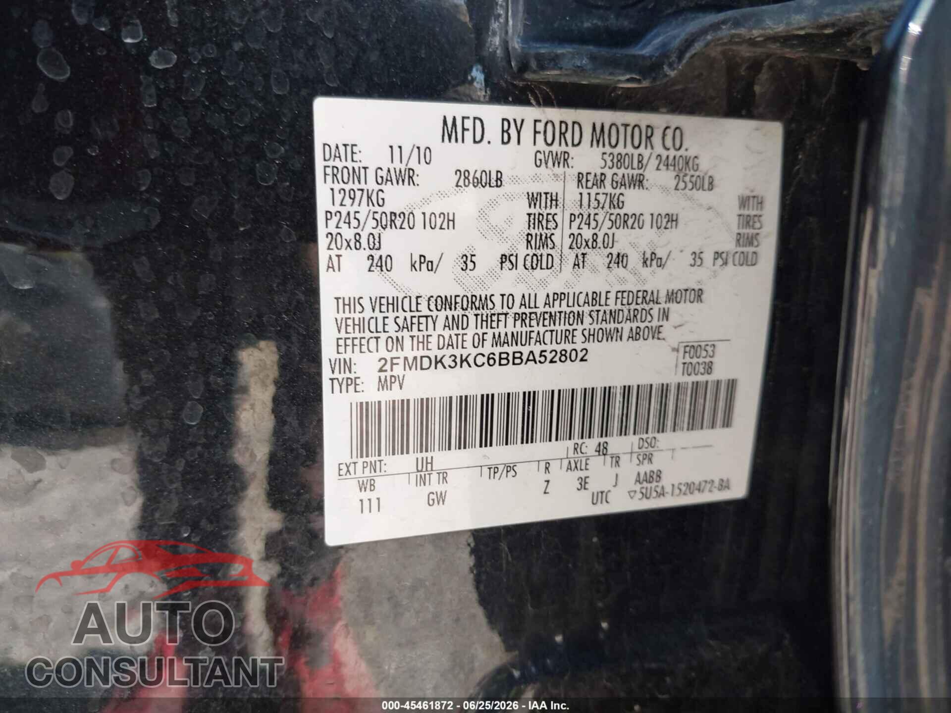 FORD EDGE 2011 - 2FMDK3KC6BBA52802