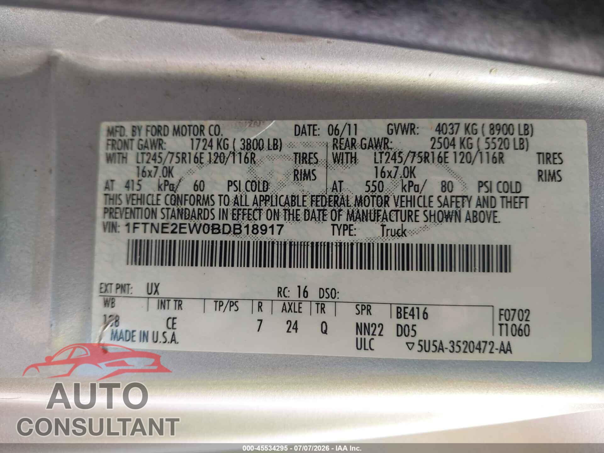 FORD E-250 2011 - 1FTNE2EW0BDB18917