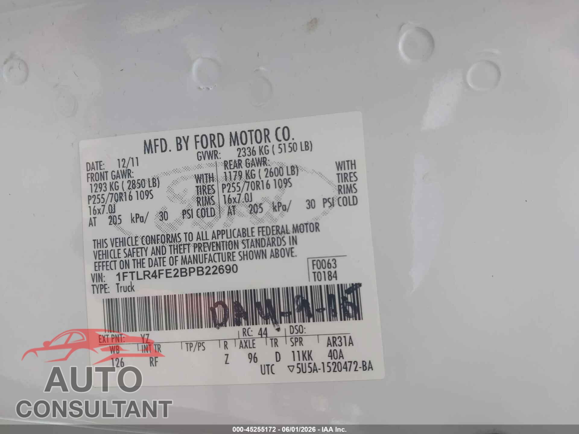 FORD RANGER 2011 - 1FTLR4FE2BPB22690