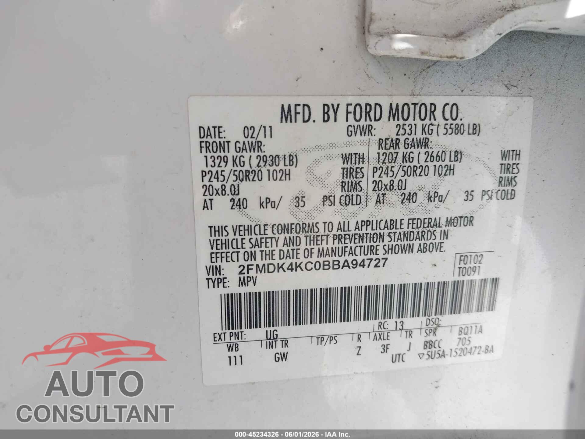 FORD EDGE 2011 - 2FMDK4KC0BBA94727