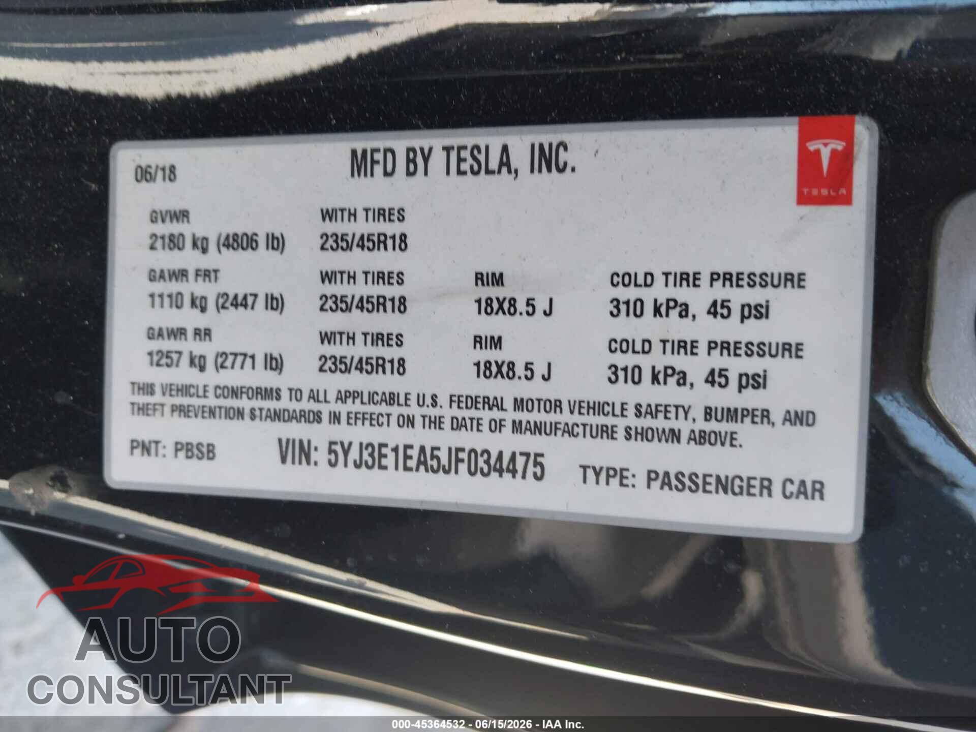 TESLA MODEL 3 2018 - 5YJ3E1EA5JF034475
