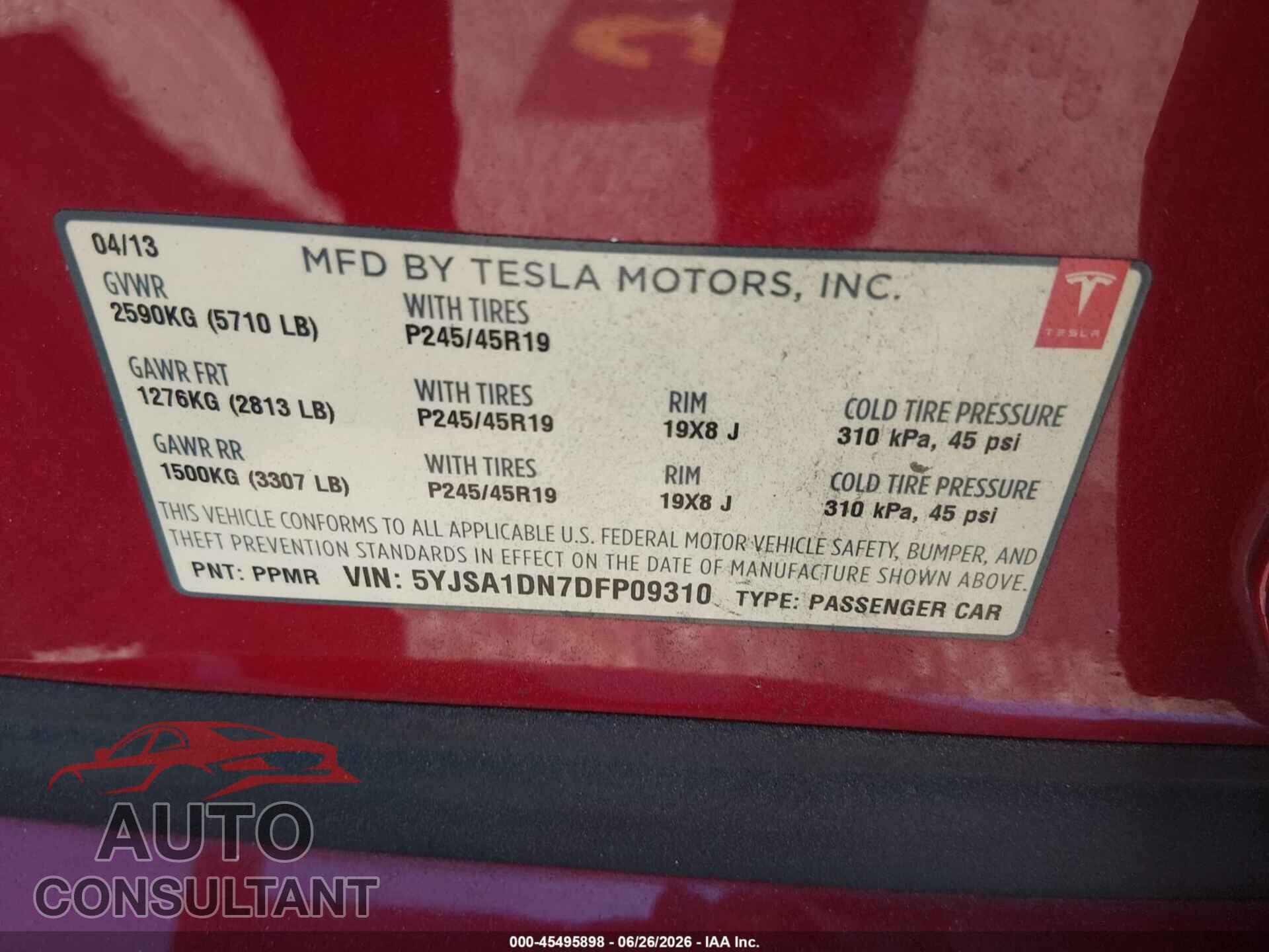 TESLA MODEL S 2013 - 5YJSA1DN7DFP09310