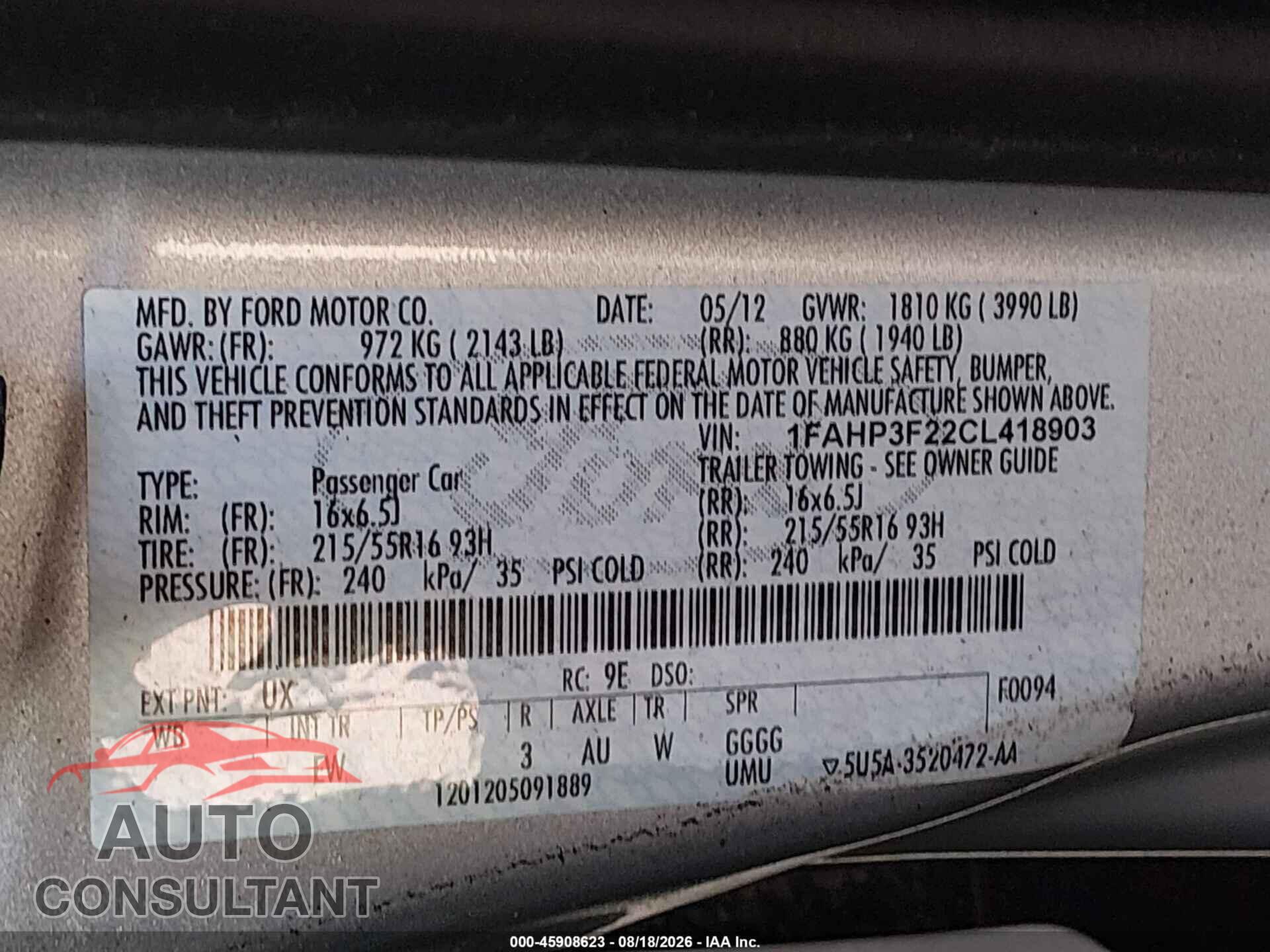 FORD FOCUS 2012 - 1FAHP3F22CL418903