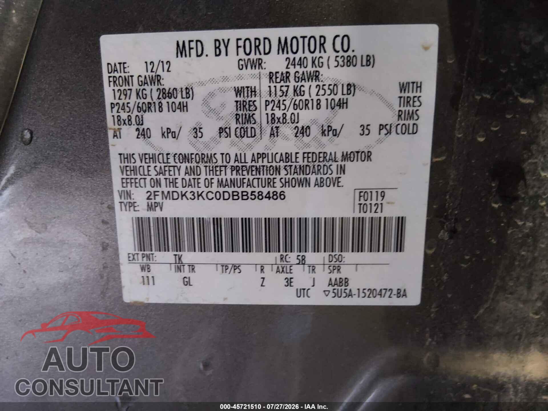 FORD EDGE 2013 - 2FMDK3KC0DBB58486