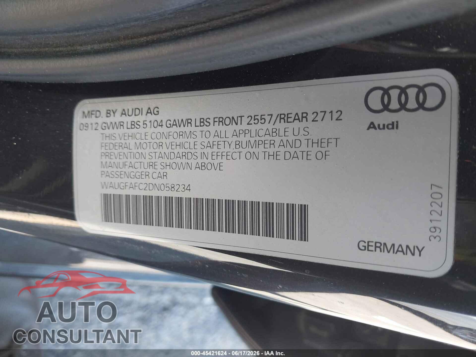 AUDI A6 2013 - WAUGFAFC2DN058234