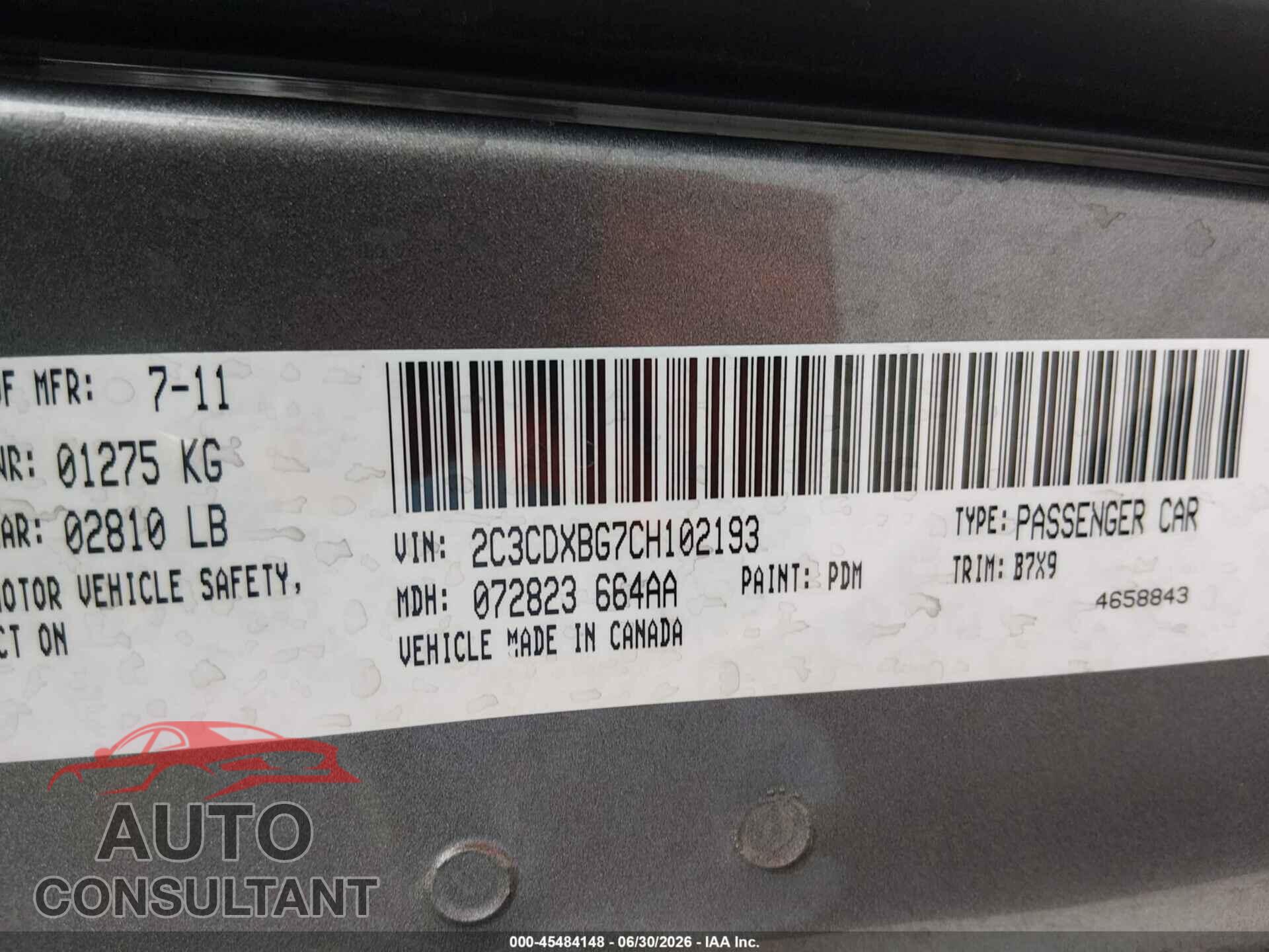 DODGE CHARGER 2012 - 2C3CDXBG7CH102193