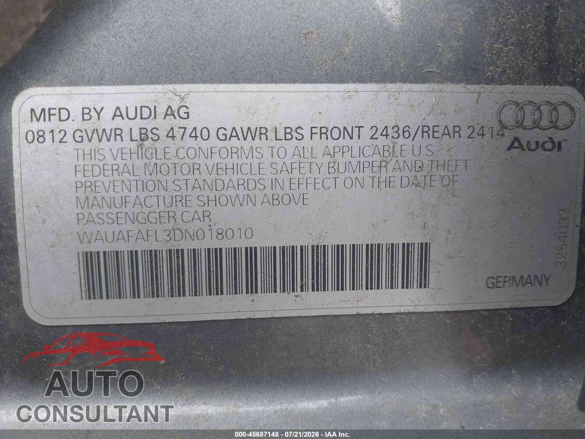 AUDI A4 2013 - WAUAFAFL3DN018010
