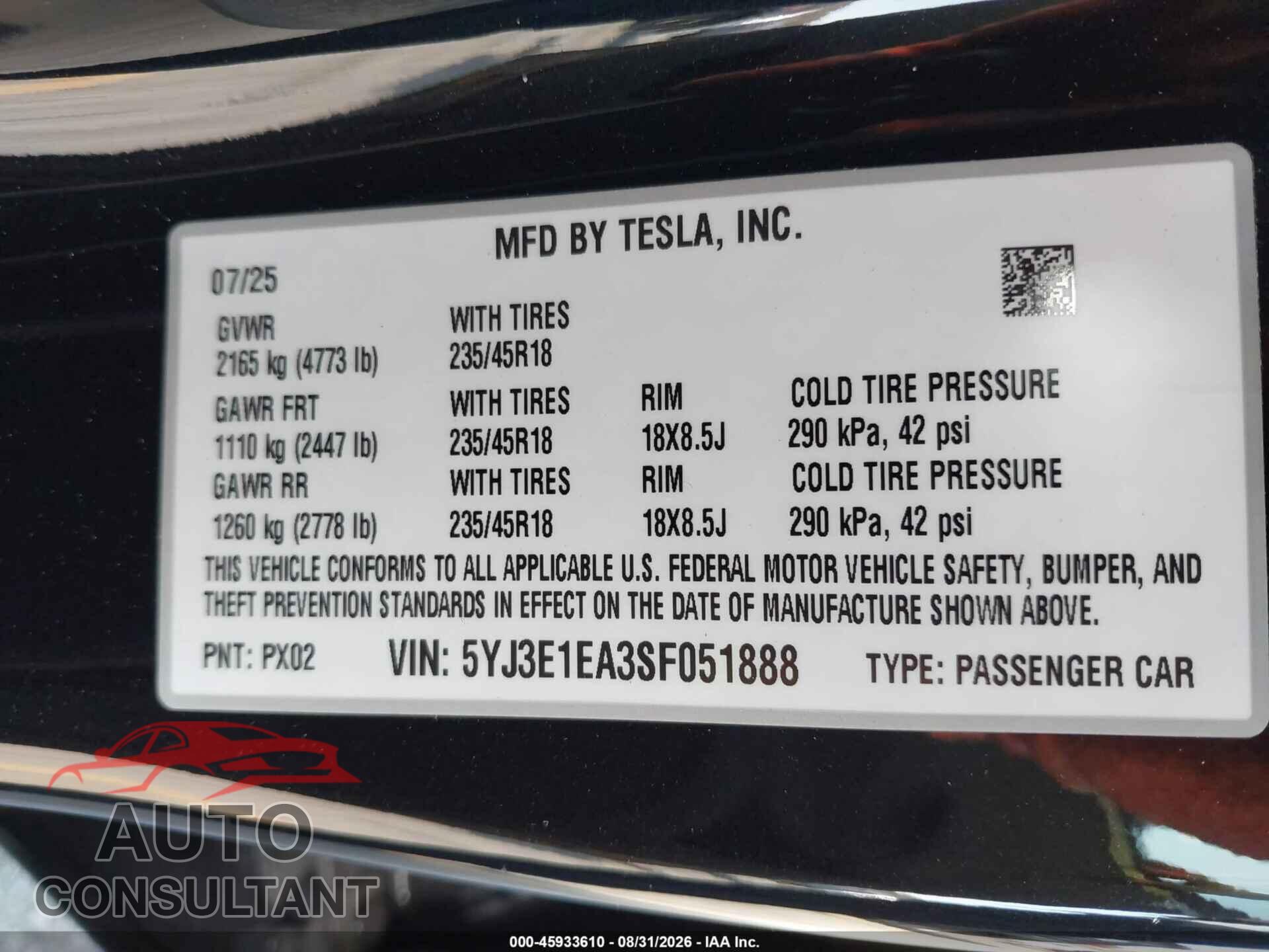TESLA MODEL 3 2025 - 5YJ3E1EA3SF051888