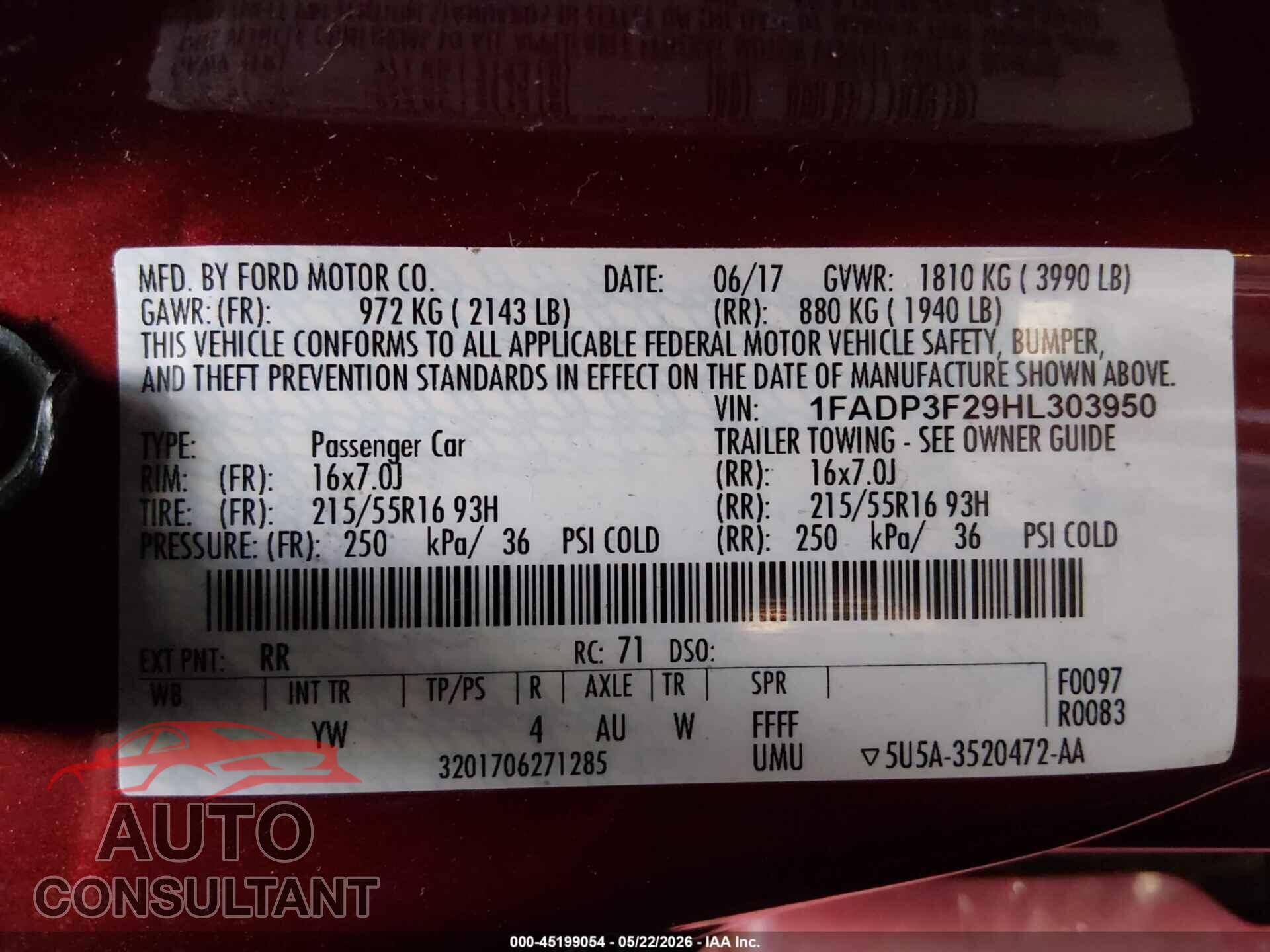 FORD FOCUS 2017 - 1FADP3F29HL303950