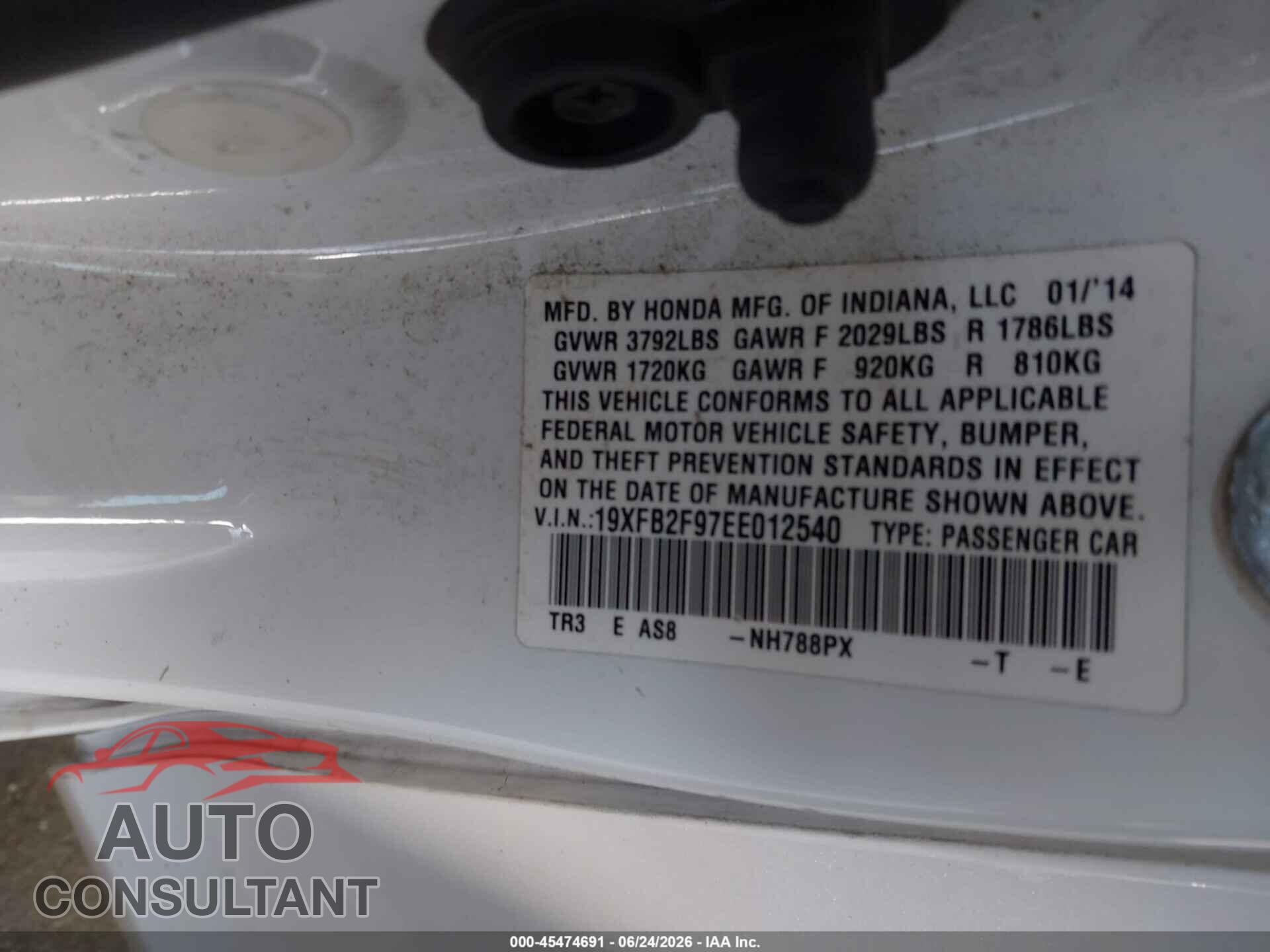 HONDA CIVIC 2014 - 19XFB2F97EE012540