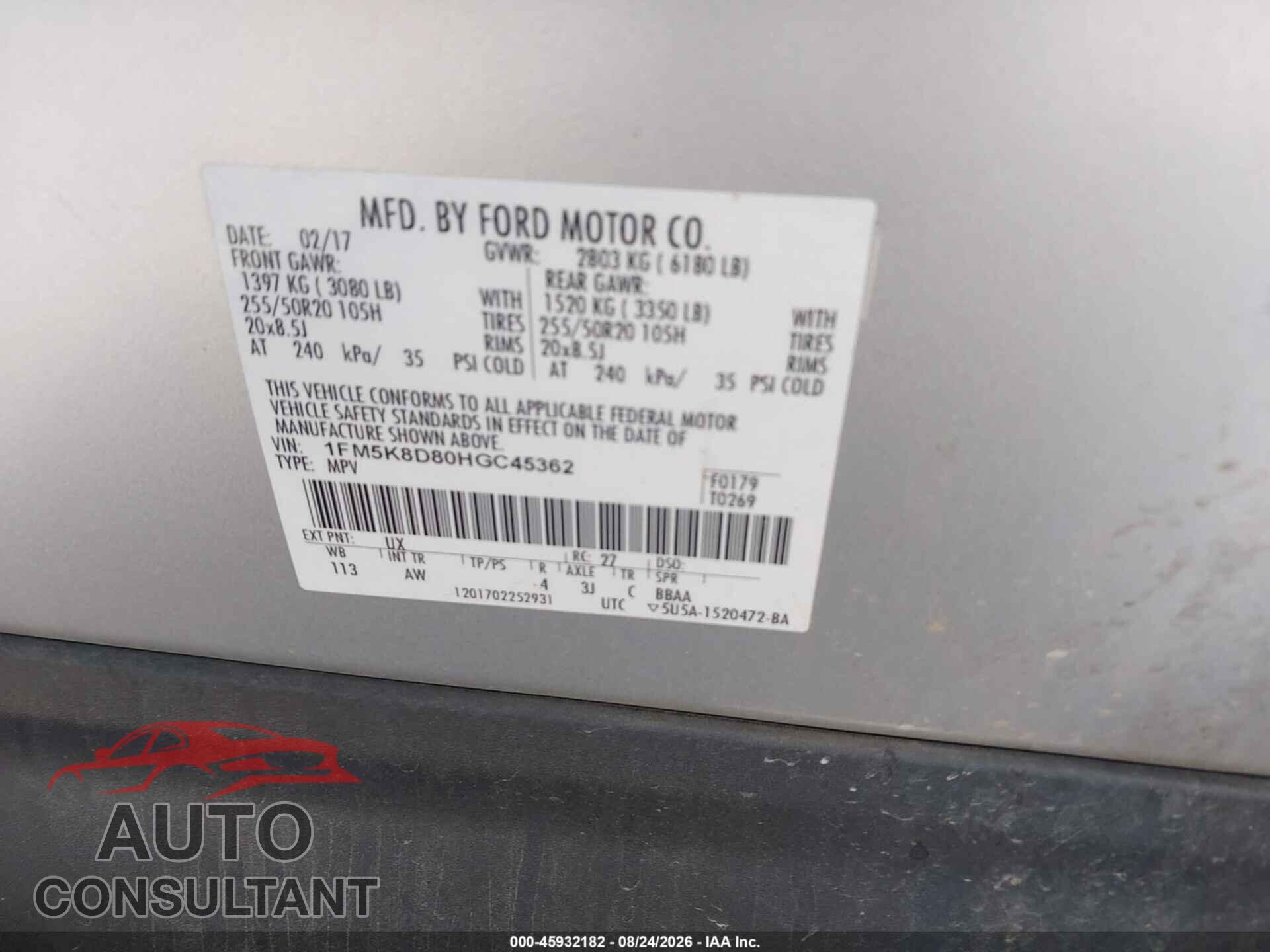 FORD EXPLORER 2017 - 1FM5K8D80HGC45362