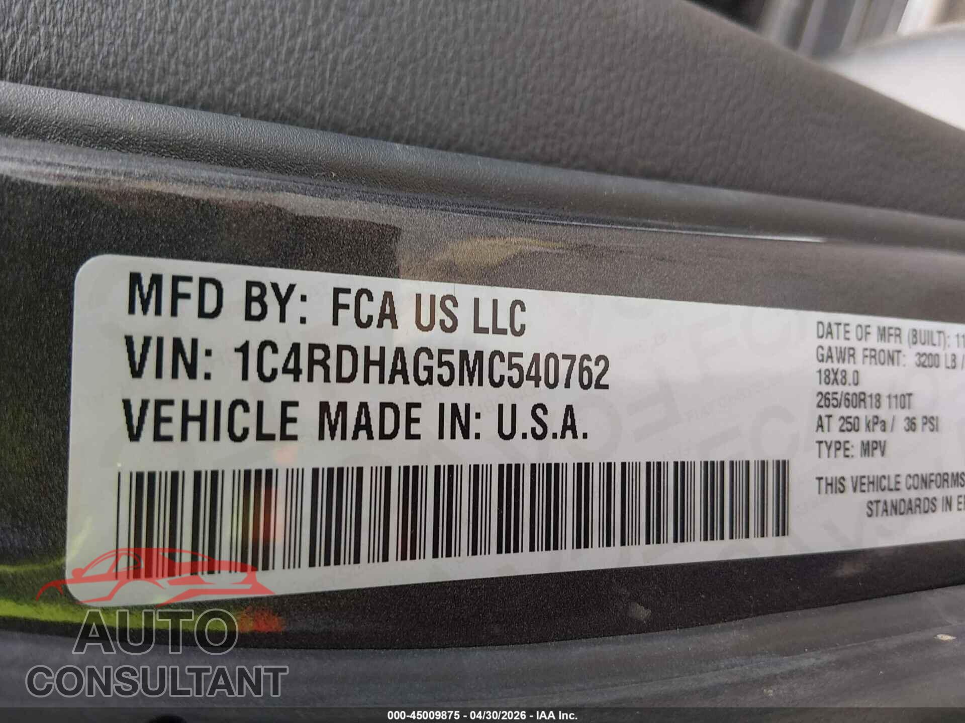 DODGE DURANGO 2021 - 1C4RDHAG5MC540762