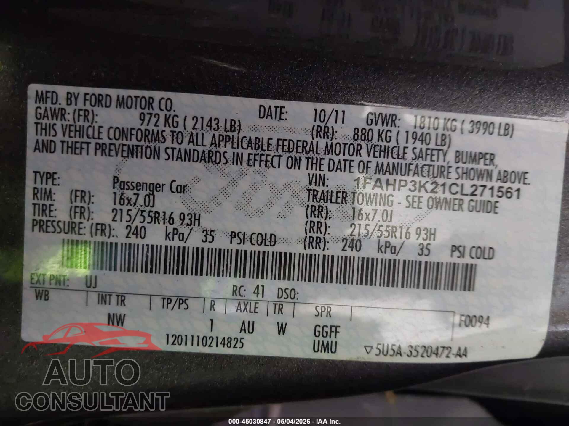 FORD FOCUS 2012 - 1FAHP3K21CL271561