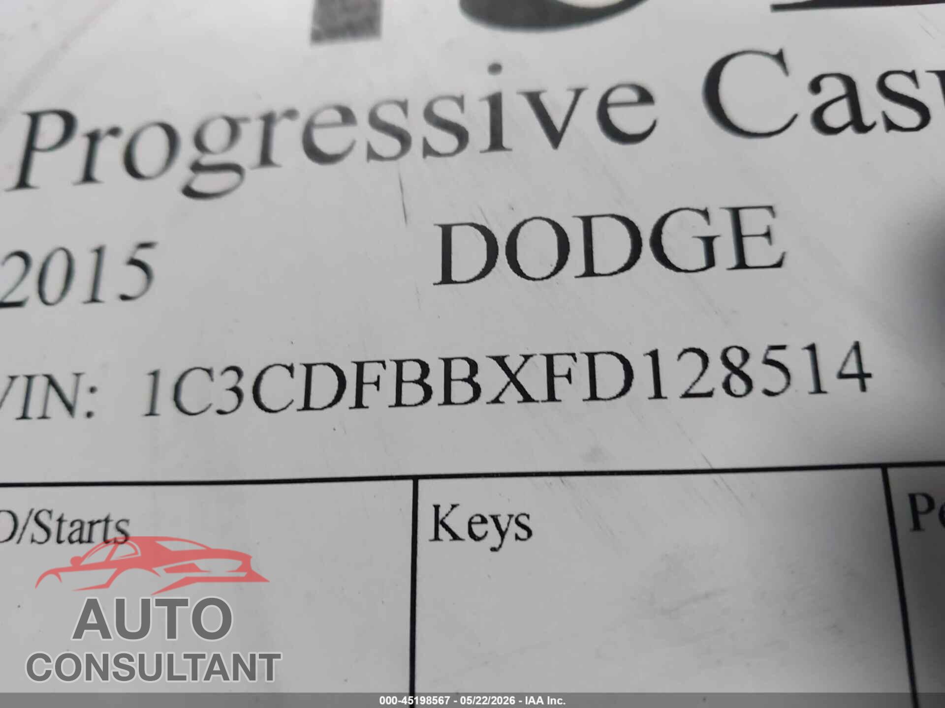 DODGE DART 2015 - 1C3CDFBBXFD128514