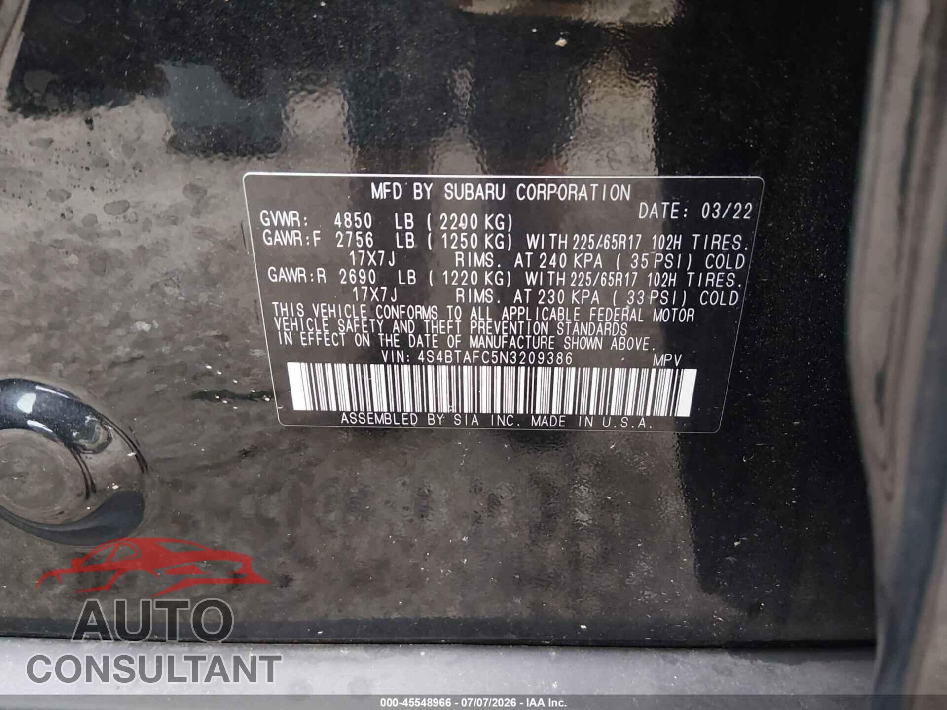 SUBARU OUTBACK 2022 - 4S4BTAFC5N3209386