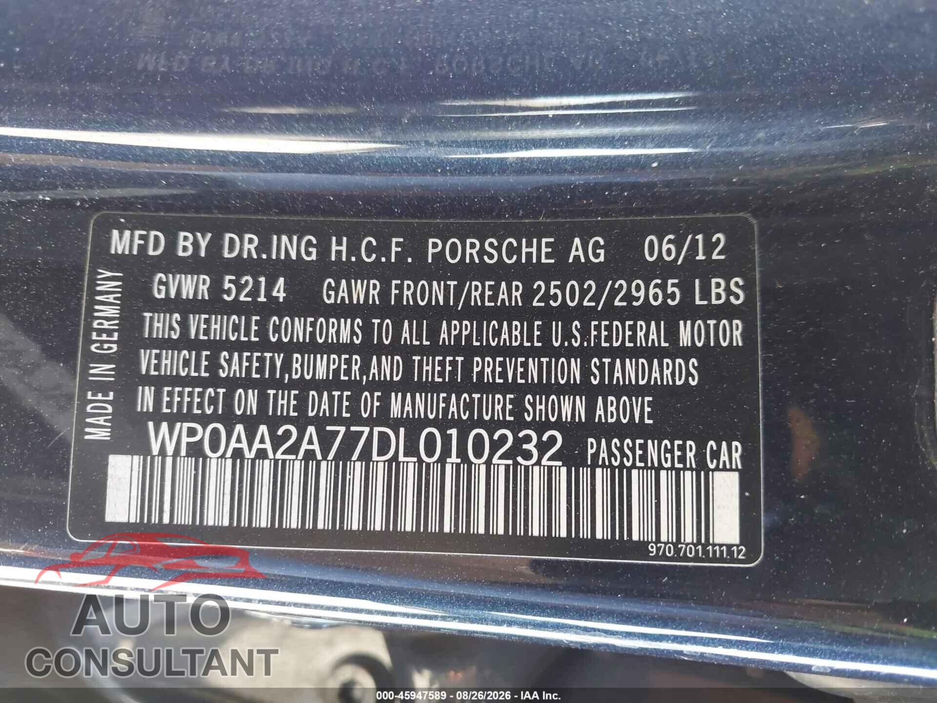 PORSCHE PANAMERA 2013 - WP0AA2A77DL010232