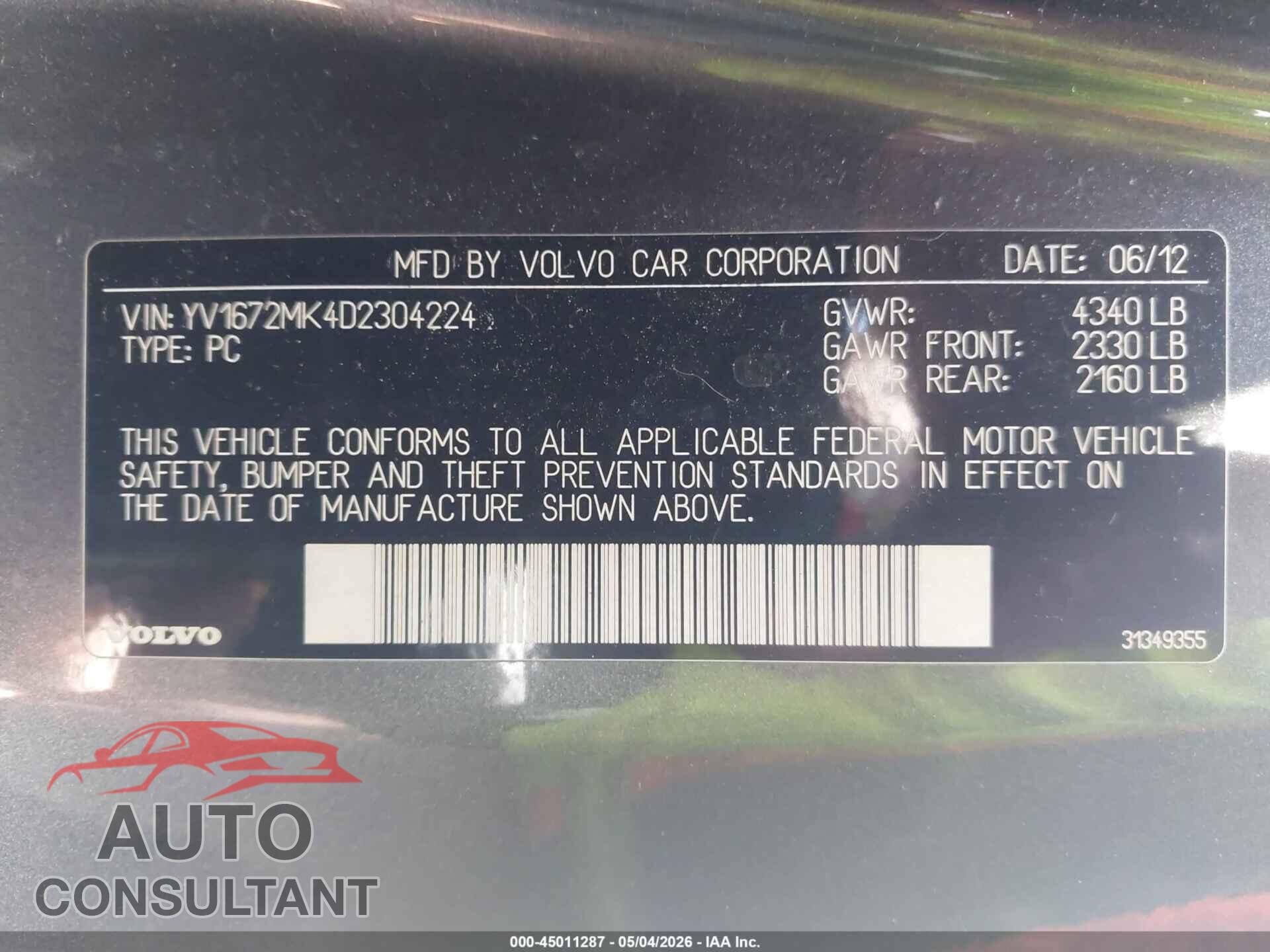 VOLVO C30 2013 - YV1672MK4D2304224