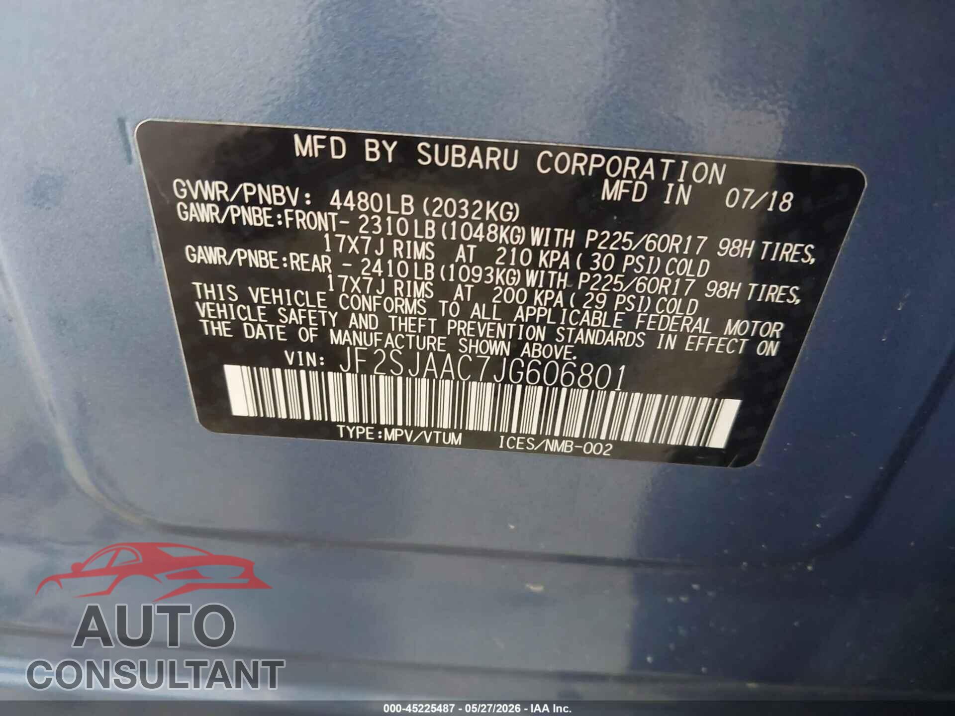 SUBARU FORESTER 2018 - JF2SJAAC7JG606801