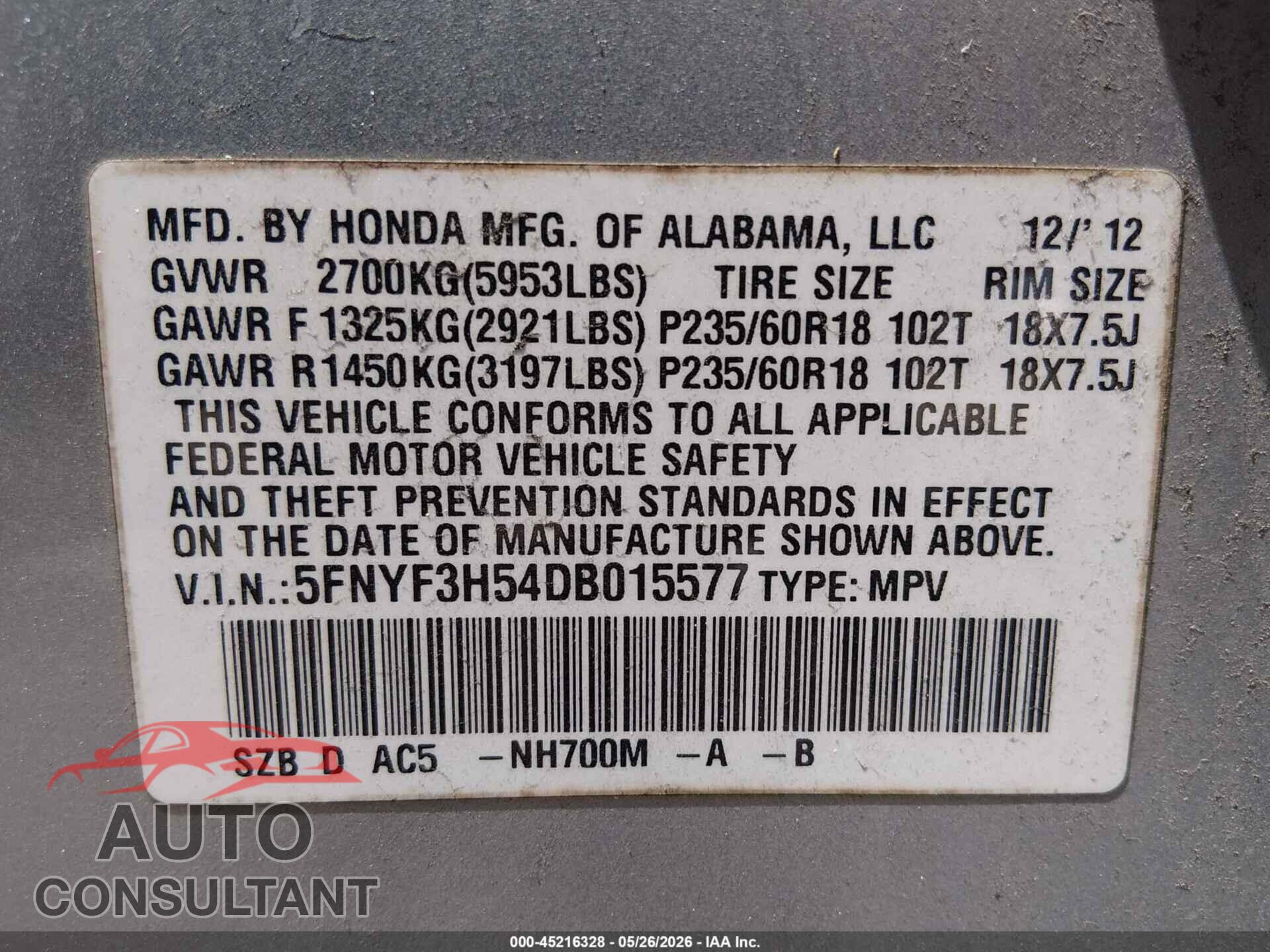 HONDA PILOT 2013 - 5FNYF3H54DB015577