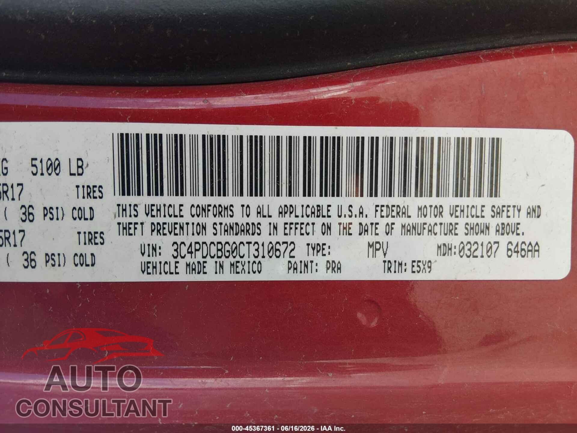 DODGE JOURNEY 2012 - 3C4PDCBG0CT310672
