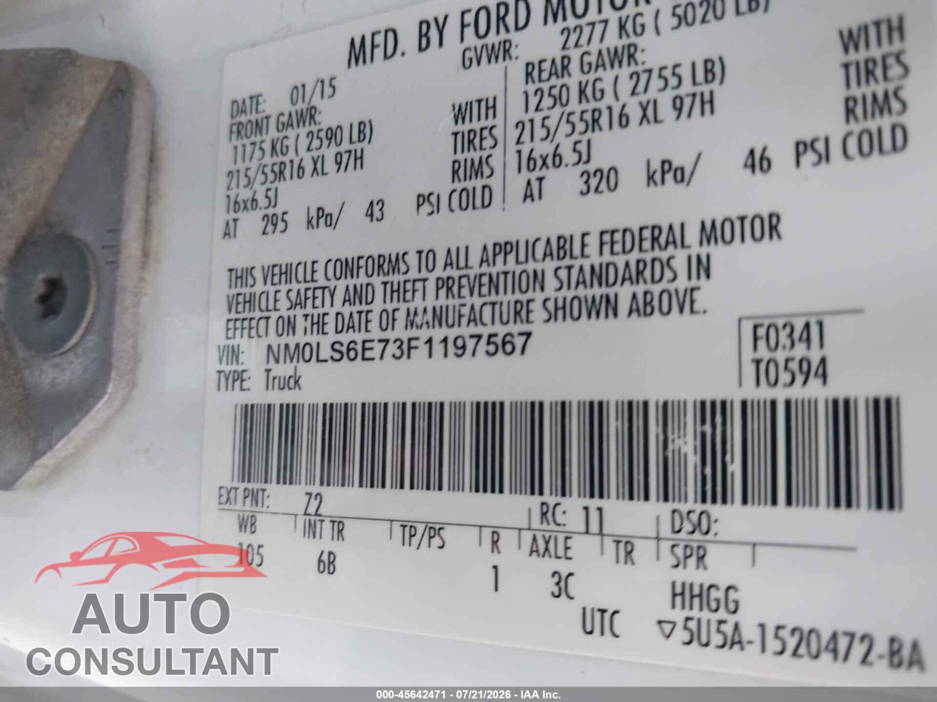 FORD TRANSIT CONNECT 2015 - NM0LS6E73F1197567
