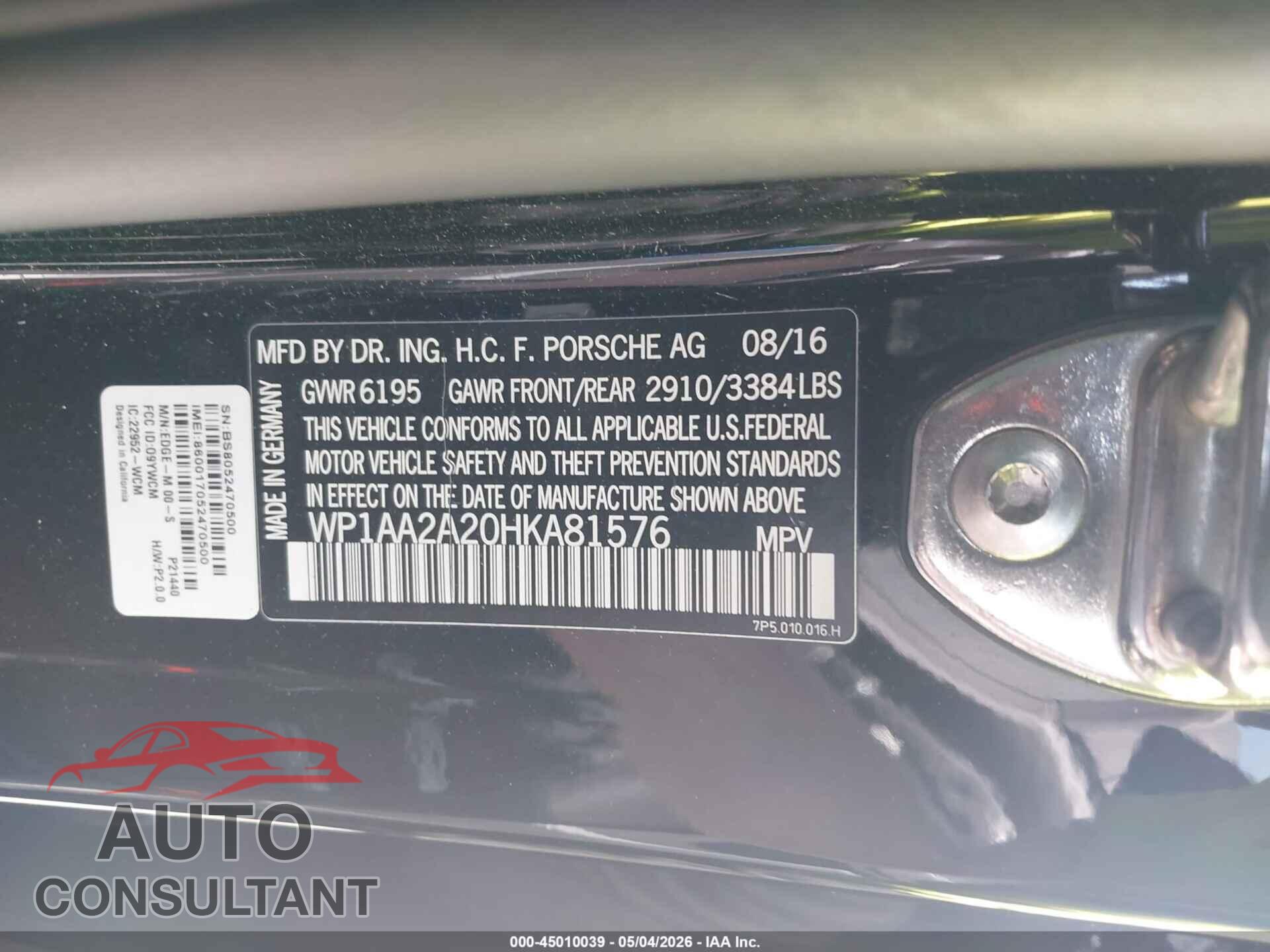 PORSCHE CAYENNE 2017 - WP1AA2A20HKA81576