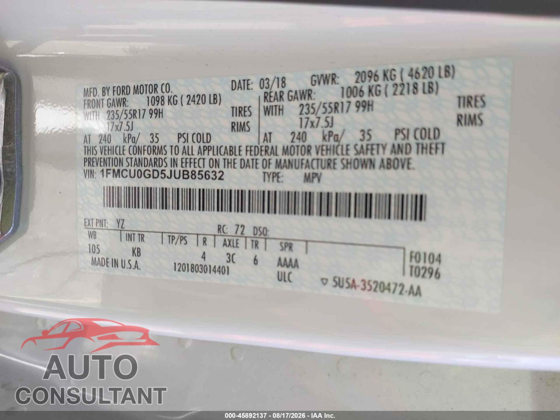FORD ESCAPE 2018 - 1FMCU0GD5JUB85632