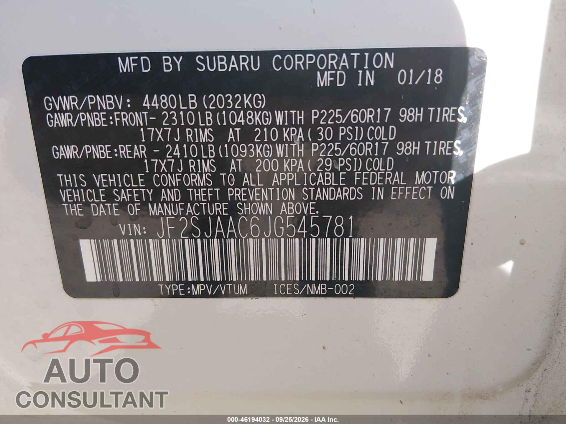 SUBARU FORESTER 2018 - JF2SJAAC6JG545781