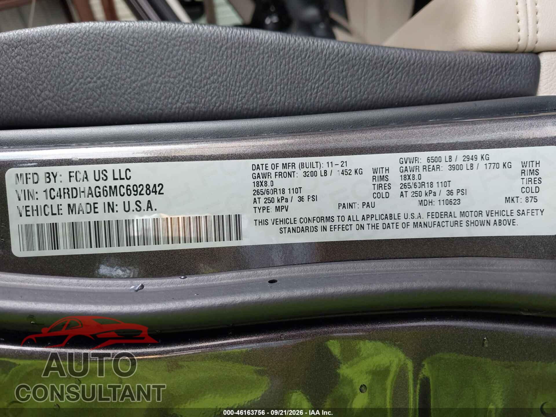 DODGE DURANGO 2021 - 1C4RDHAG6MC692842