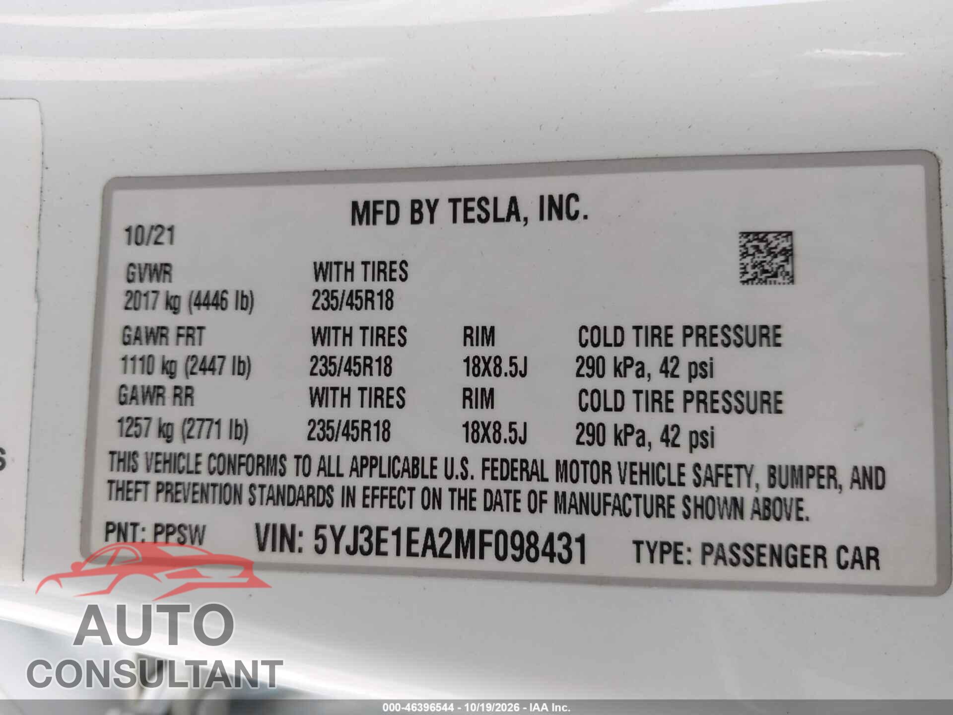 TESLA MODEL 3 2021 - 5YJ3E1EA2MF098431