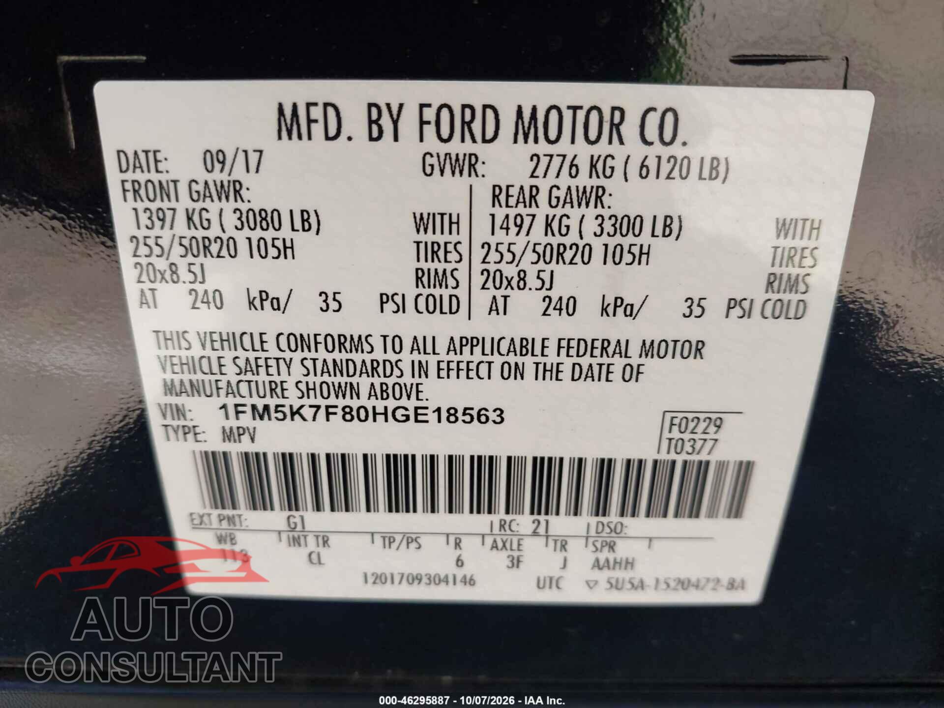 FORD EXPLORER 2017 - 1FM5K7F80HGE18563