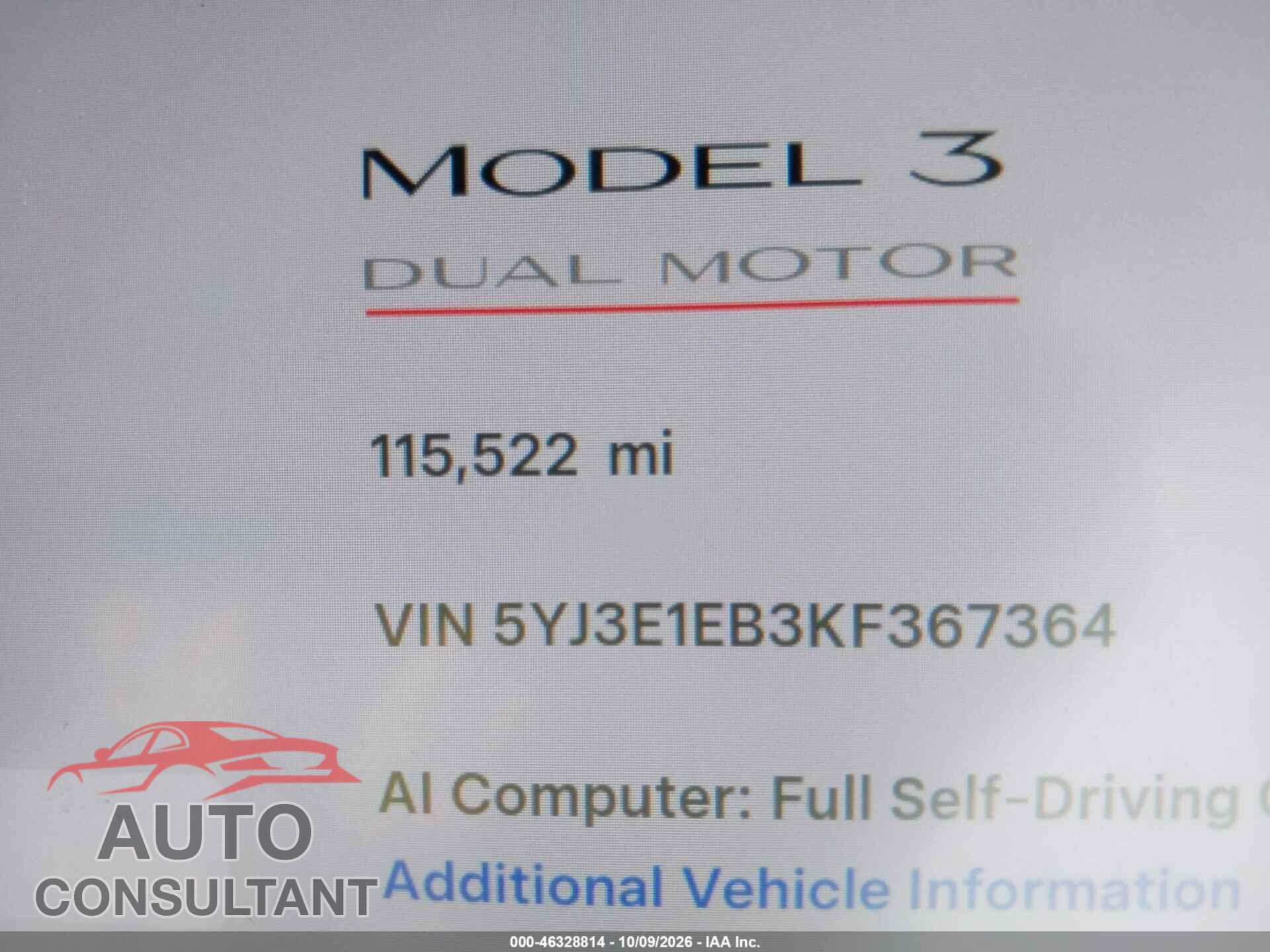 TESLA MODEL 3 2019 - 5YJ3E1EB3KF367364