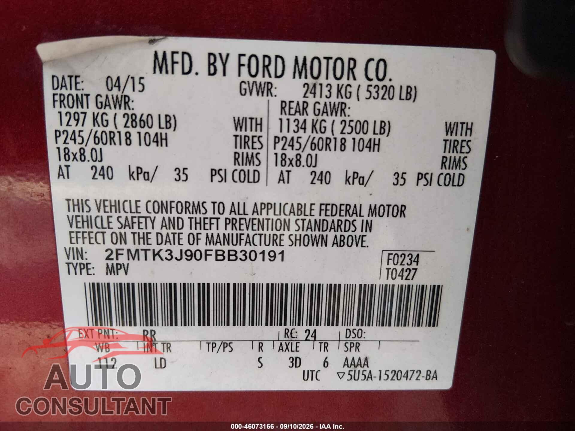 FORD EDGE 2015 - 2FMTK3J90FBB30191