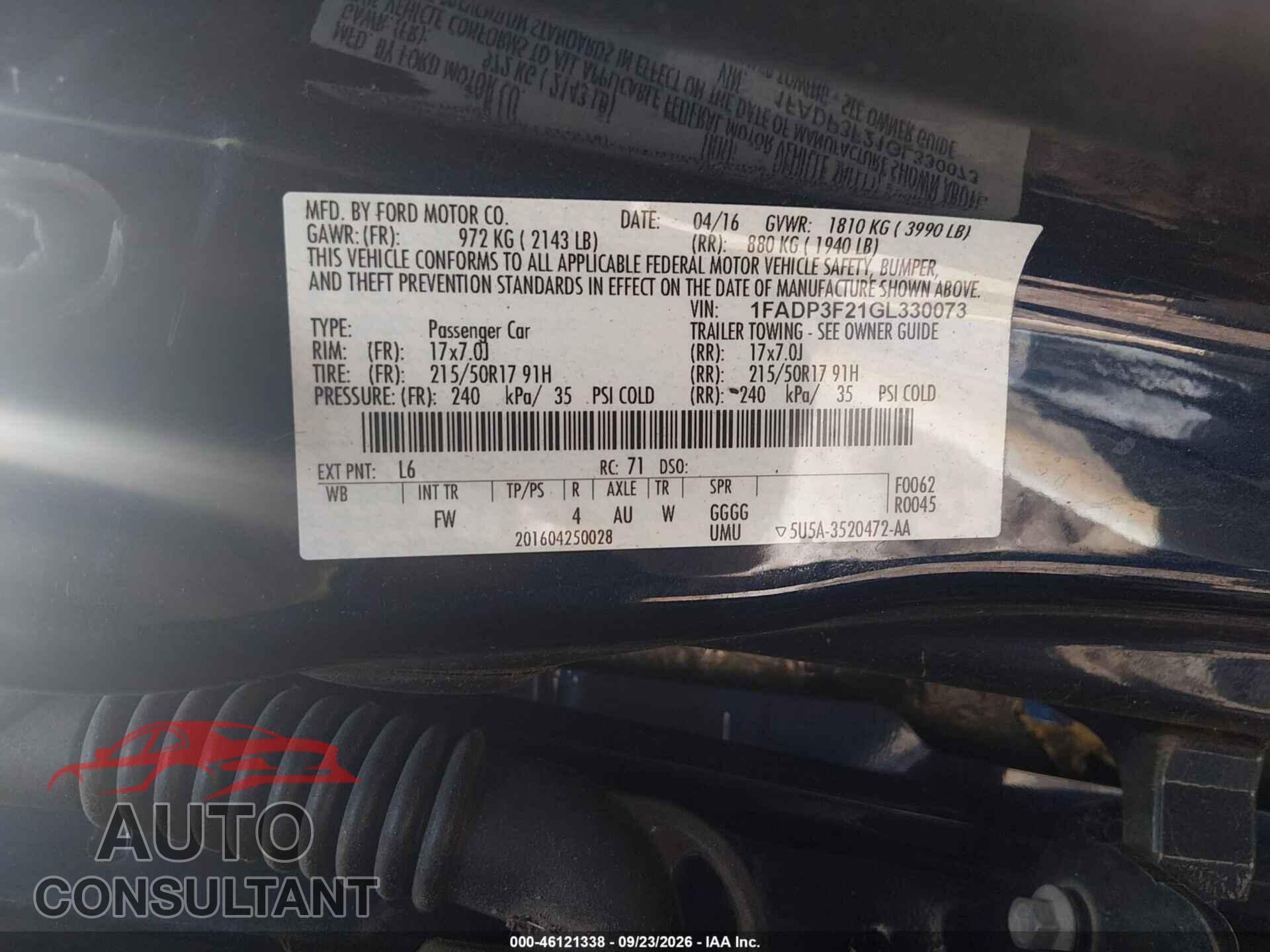 FORD FOCUS 2016 - 1FADP3F21GL330073