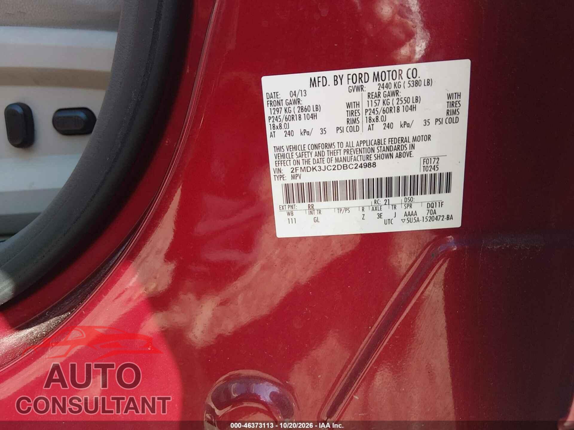 FORD EDGE 2013 - 2FMDK3JC2DBC24988
