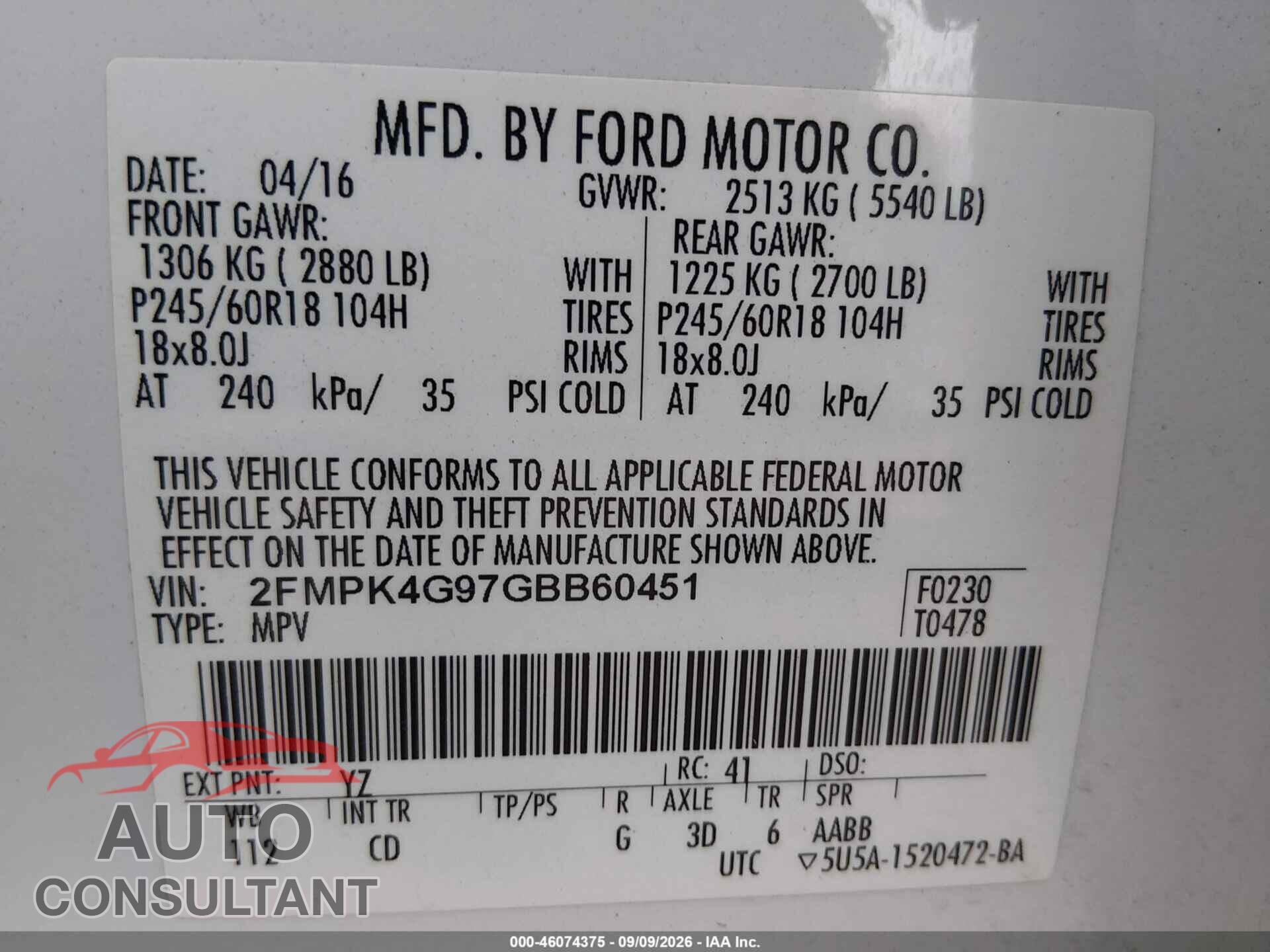 FORD EDGE 2016 - 2FMPK4G97GBB60451