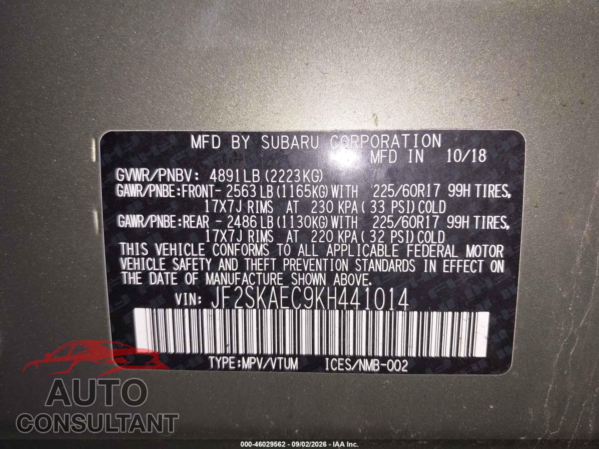 SUBARU FORESTER 2019 - JF2SKAEC9KH441014