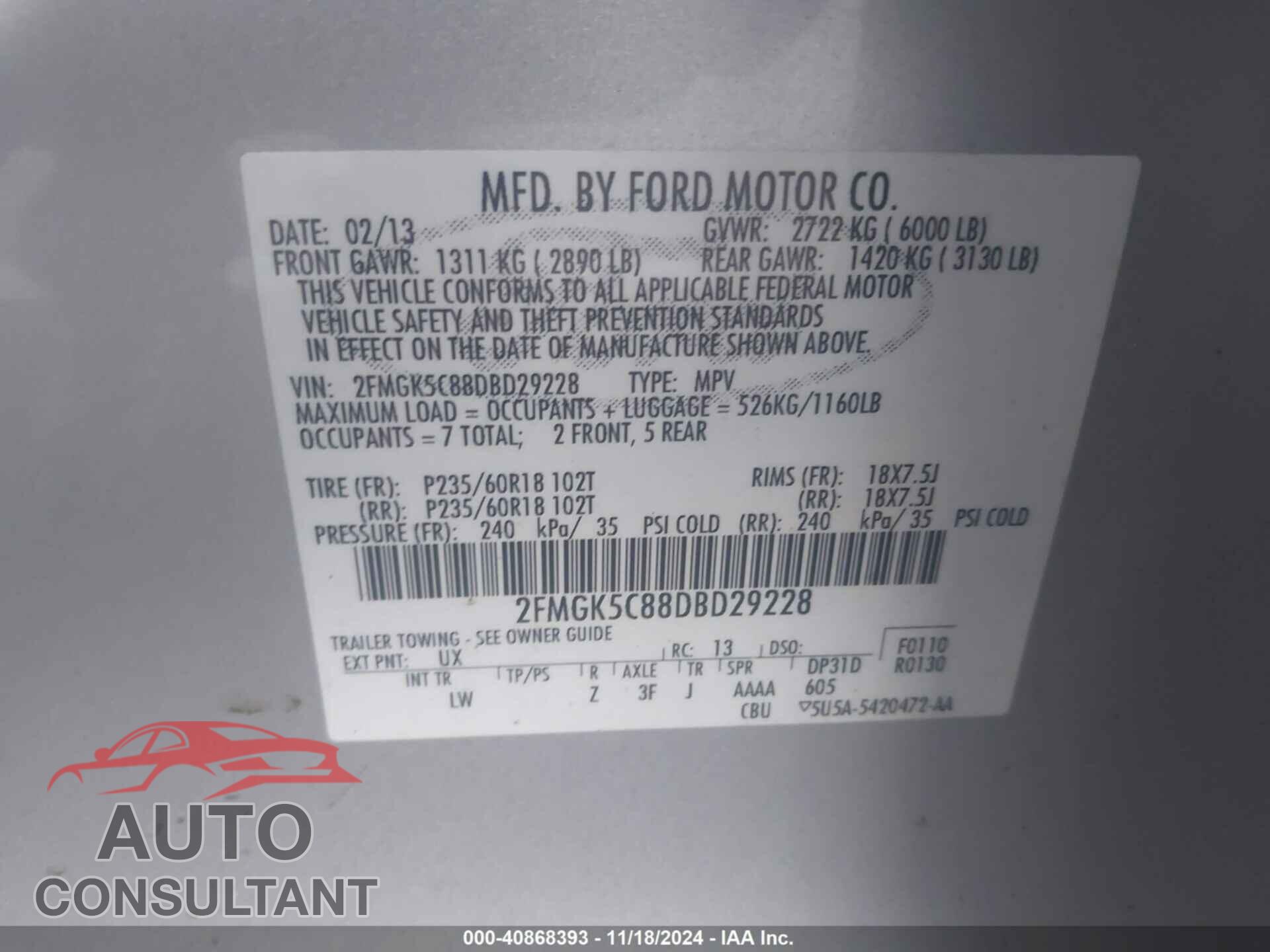 FORD FLEX 2013 - 2FMGK5C88DBD29228