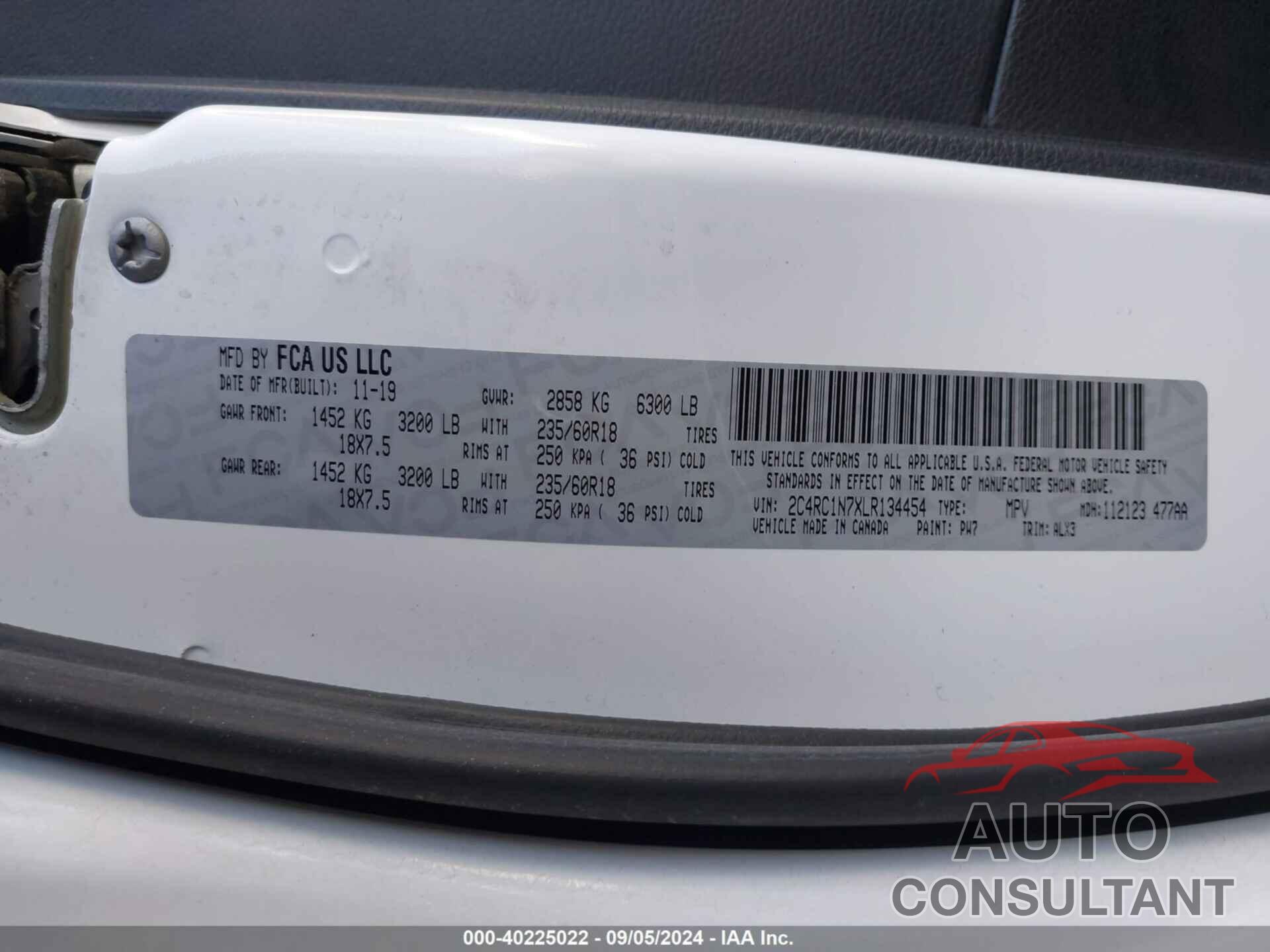 CHRYSLER PACIFICA HYBRID 2020 - 2C4RC1N7XLR134454
