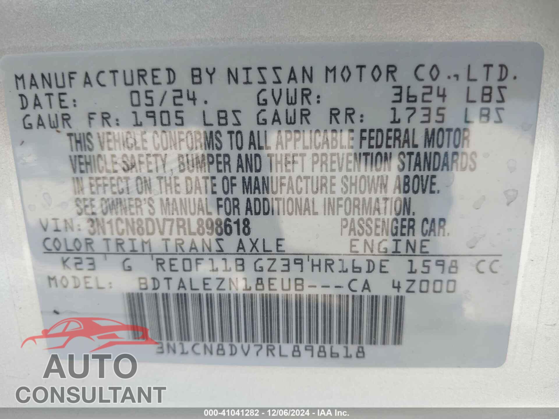 NISSAN VERSA 2024 - 3N1CN8DV7RL898618