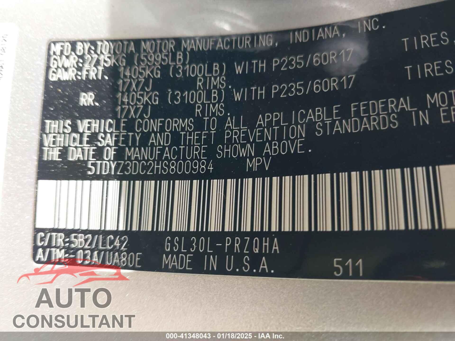 TOYOTA SIENNA 2017 - 5TDYZ3DC2HS800984