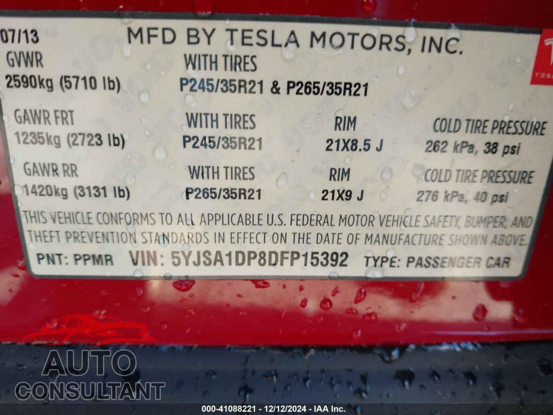 TESLA MODEL S 2013 - 5YJSA1DP8DFP15392